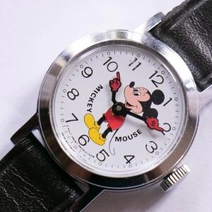 Vintage Bradley Mickey Mouse Wind Up Watch Disney Hong Kong Black Leather